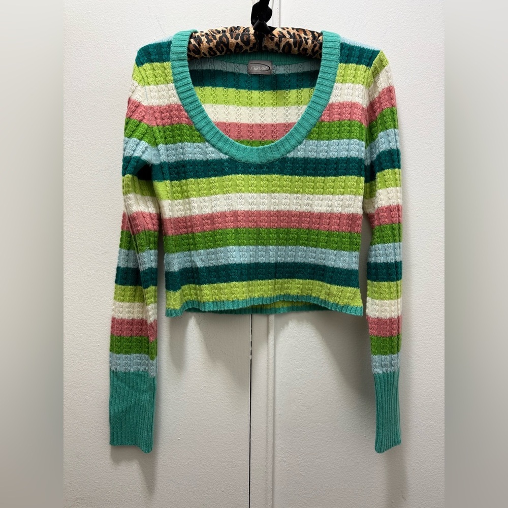 Y2K 90s 2000s RAVE Women's Sweater Multi-Color Striped Cropped Size Large
